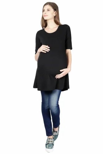 Plain Women Black Cotton Blend Maternity T Shirt