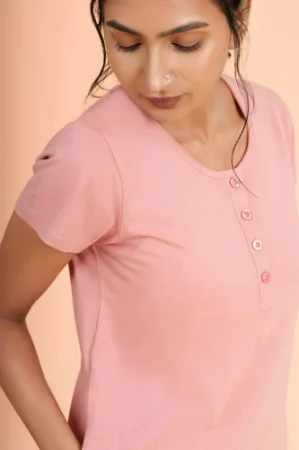 Pink Solid Long Maternity and Feeding Tshirts