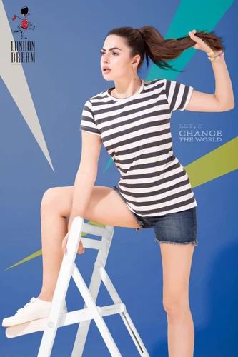 Half Sleeve LADIES STRIPPED T-SHIRT, Casual Wear, Size: M TO 5XL