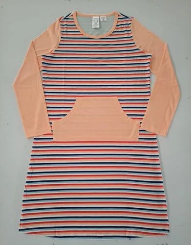 Orange Striped Cotton Ladies Long T-Shirt (Knee Length, Round Neck, Full Sleeve)