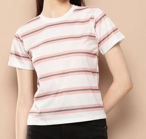 Poly Elastane Women Striped Short T Shirt
