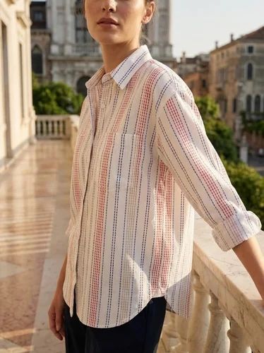 Cream Poly Viscose Striped Ladies Shirt