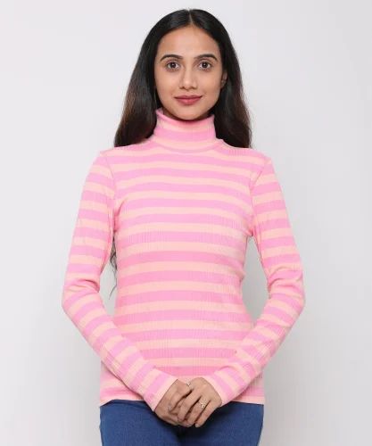 Pink Ladies Cotton Micro Rib Turtleneck T Shirt