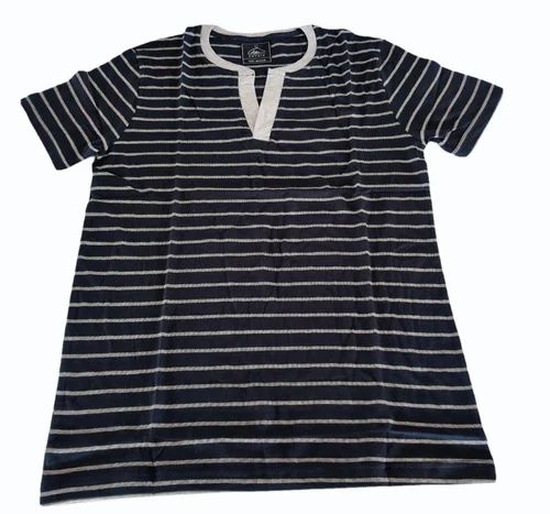 Half Sleeve Women Black Round Neck Striped Cotton T Shirt, Size: Medium