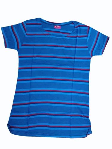 Half Sleeve Ladies Cotton Striped T Shirt, Size: S to 2XL