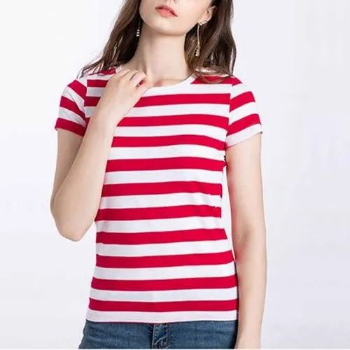 Half Sleeve White,Red Ladies Round Neck Striped T Shirt