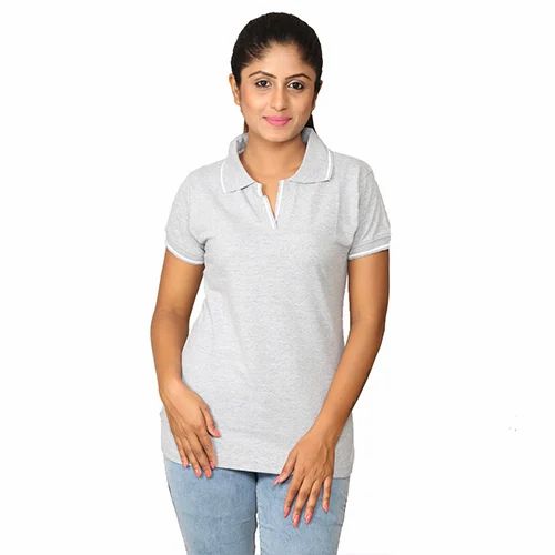 Gray And White Mistgear Gray Stripes Ladies Collar T Shirt