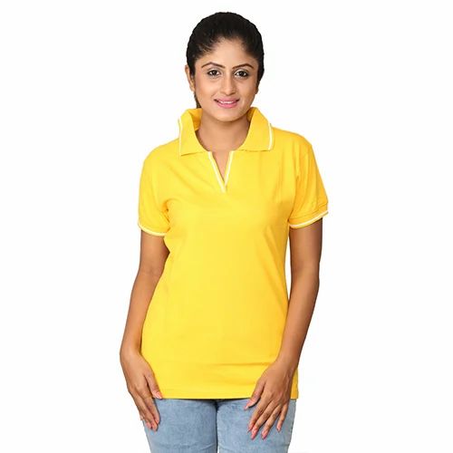 Yellow And White Stripes Ladies Collar T Shirt