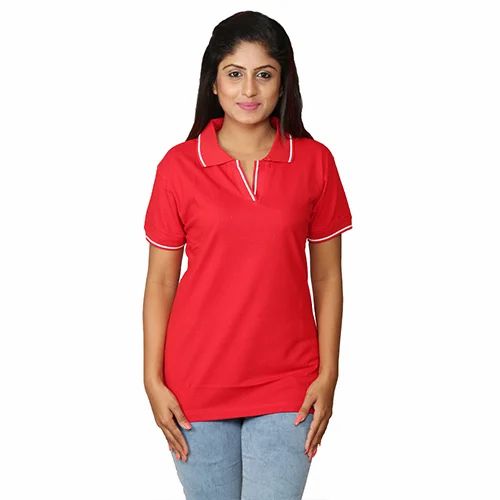 Mistgear Red And White Red Striped Ladies Collar T Shirt