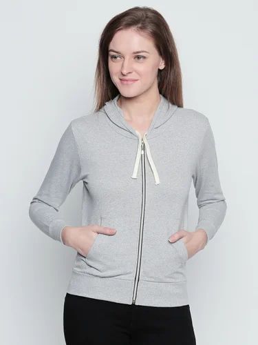 Grey Full Sleeve Ladies Cotton Hooded T-Shirt, Size: S-XL