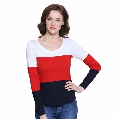 Full Sleeve Cotton The Dry State Striped Ladies T-Shirt