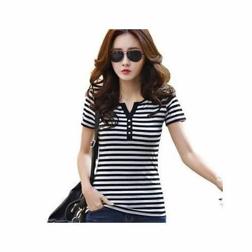 Black And White And Cotton Ladies Striped T-Shirt