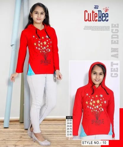 Cotton Full Sleeve Cute Bee Girls Hood T Shirt, Casual Wear