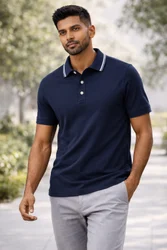 Cotton Mens Navy Blue Collar Neck T Shirt