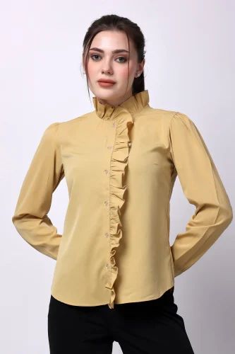 Plain Ladies Frill Beige Shirt, Size: Medium, Formal