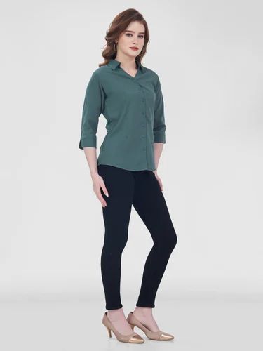 Plain Ladies Georgette Bottle Green Shirt, Size: Medium