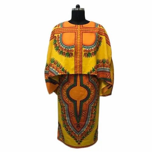 Printed Yellow Dashiki Print Cape Dress, Casual Wear
