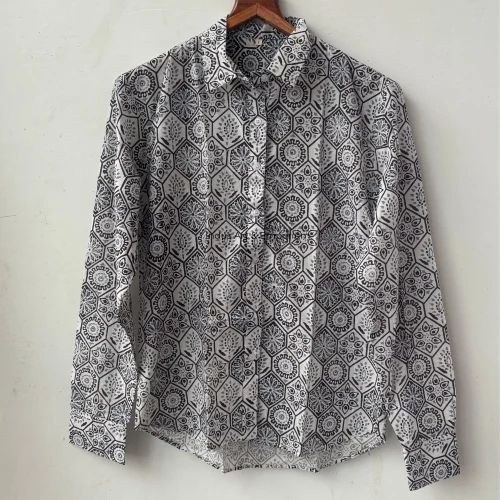 Women's Geometric Print Button-Down Shirt, Black and White Pattern, Cotton