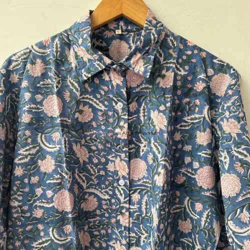 Women's Floral Print Button-Down Shirt, Navy Blue with Pink Flowers, Long Sleeve