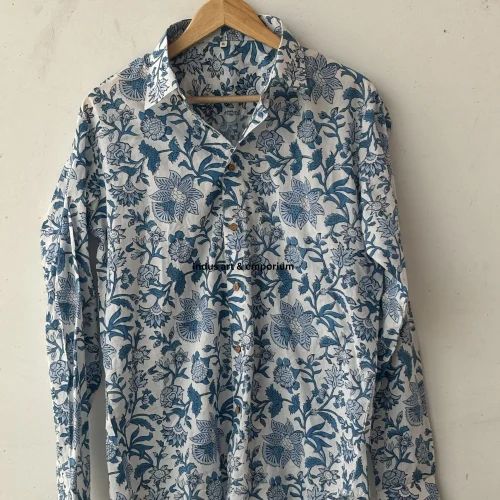 Block Printed Cotton Summer Woman Shirt Button Down Shirt, Long Sleeve, Blue and White Pattern