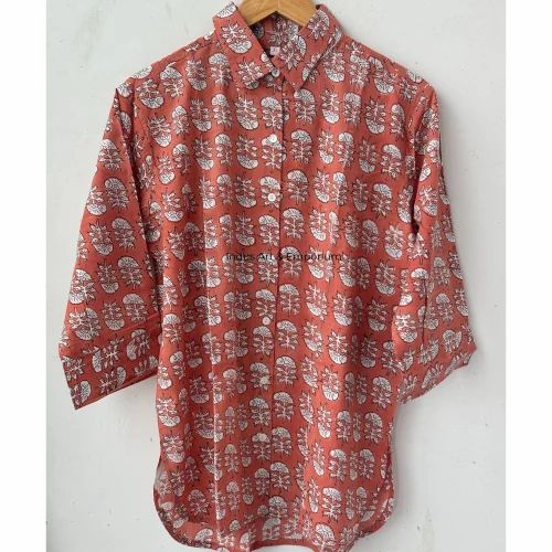 Block Printed Cotton Summer Woman Shirt Button-Down Shirt,, Long Sleeve