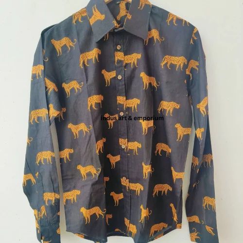 Leopard Print Button-Down Shirt ,Black Cotton Long Sleeve Casual Shirt with Animal Pattern