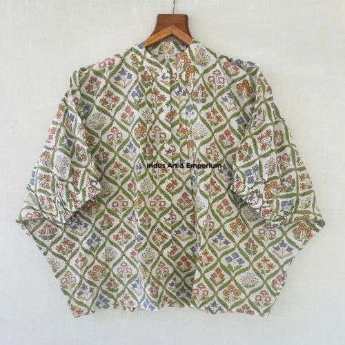 Women's Floral Print Button-Down Shirt Traditional Indian Pattern Cotton Blend Green and Multicolor