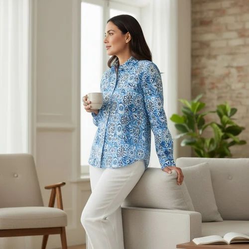 Ladies Hand Block Printed Shirt, Cotton