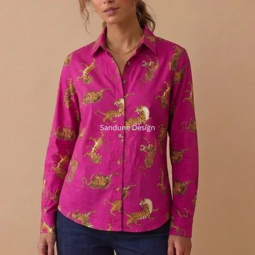 Casual Dark Pink Women Cotton Printed Shirt