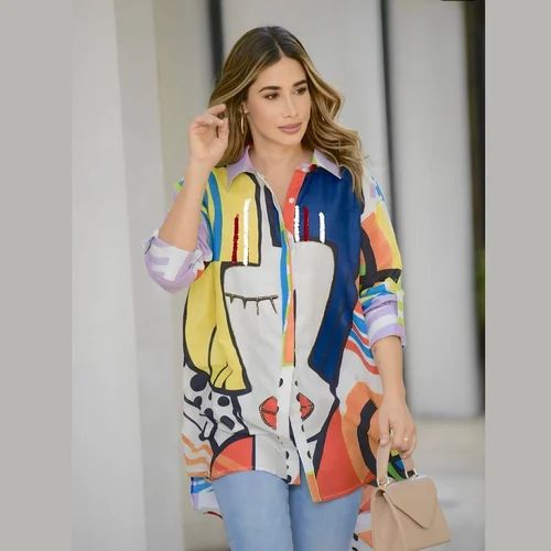 Cotton Printed Womens Shirt Comfortable Casual Wear White Trendy Shirt Dress