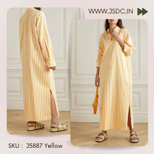 Yellow Celebrity Wear Long Stripe Printed Cotton Shirts With Side Slits, Casual