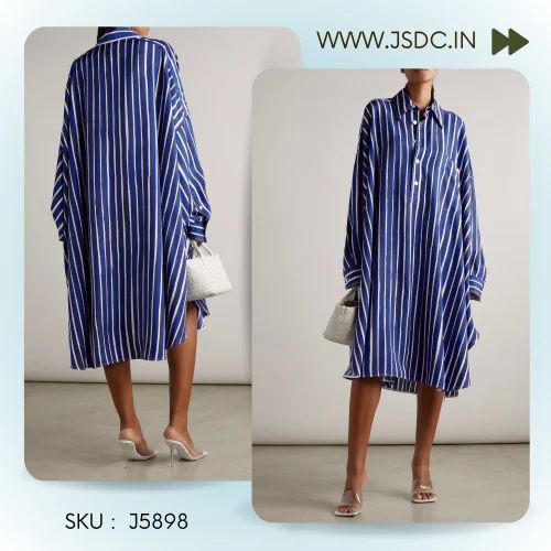 Printed Blue Designer Hand Drawn Stripes Pattern Oversized Organza Silk Shirt, Casual