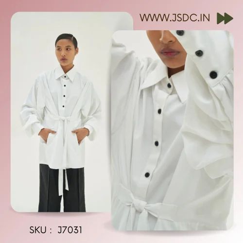 Plain White Trendy Oversized Shirt with Waist Tie - Tradition and Modernity, Casual