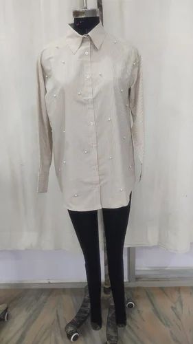 Plain Off White Women Cotton Shirt, Size: Medium