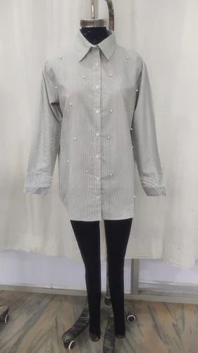 Plain Light Grey Women Cotton Shirt, Size: Medium