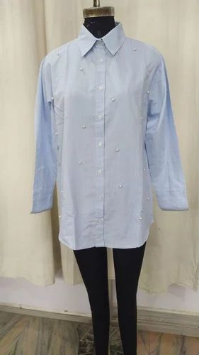 Plain Sky Blue Women Cotton Shirt, Size: Medium
