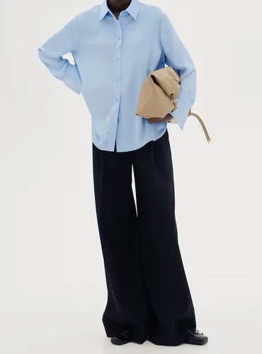 Plain Sky Blue Classic Button-Up Shirt women's tops and blouses, Casual