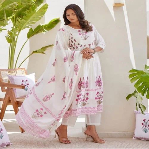 Latest Collection Cotton With Printed Hand Work Kurti Pant And Dupatta
