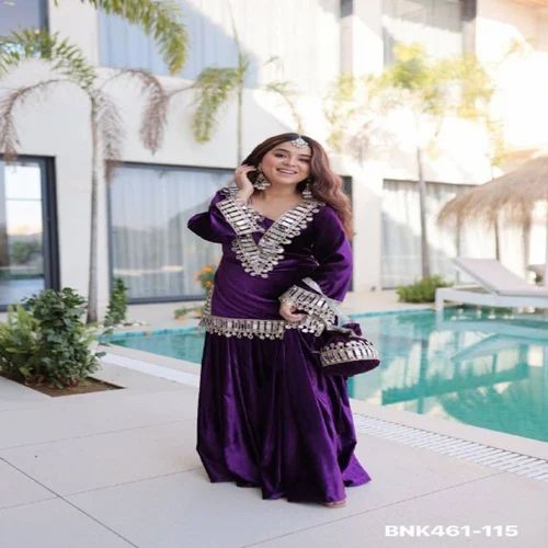 Latest Designer Ice Velvet With Zari Embroidery And Real Mirror Work Kurti Plazo