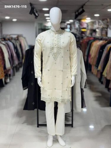 Festival wear Silk with Foil-Thread Neck-work & All-Over Embroidered Kurta-Payjama Set Collection