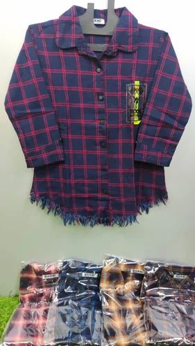 Blue Casual Ladies Check Print Cotton Shirt, Size: XL