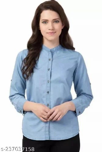 Plain Ladies Sky Blue Denim Shirt, Size: Medium, Casual