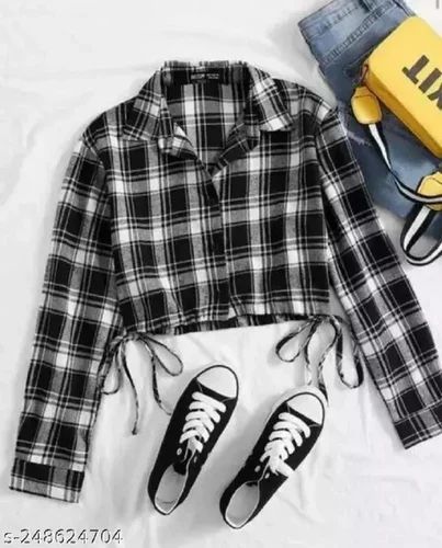 Checks White Women Crop Shirt, Size: Medium, Casual
