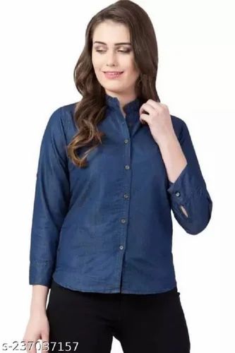 Plain Ladies Dark Blue Denim Shirt, Size: Medium, Semi-formal