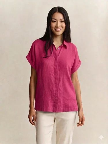 Womens Linen Blend Short Sleeve Shirt