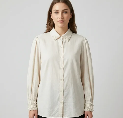 Off White Pearl Embellished Linen Collar Shirt