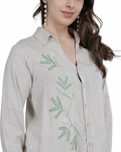 Women Printed Light Grey Viscose Linen Blend Shirt, Size: Large