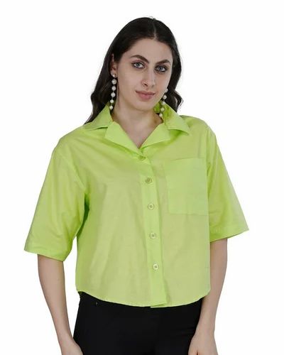 Women Plain Neon Green Cotton Linen Shirt, Size: Large