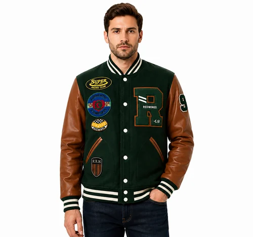 Men's varsity jacket leather sleeve bomber jacket