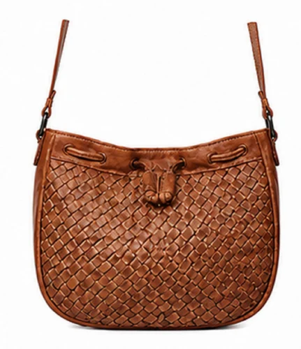 Vintage Woven Leather Crossbody Shoulder Bag for Women with Drawstring Closure & Adjustable Strap